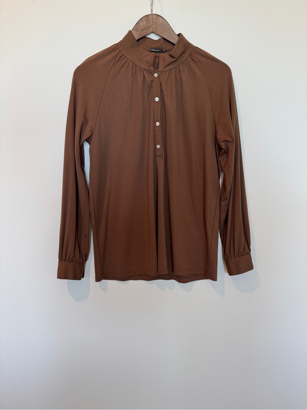J. McLaughlin Brown Long Sleeve Band Collar Blouse Medium Rayon Nylon spandex